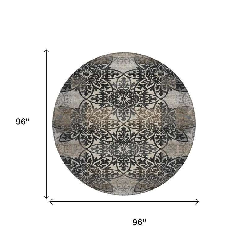8' Graphite And Gray Round Oriental Washable Indoor Outdoor Area Rug Homeroots Outdoor
