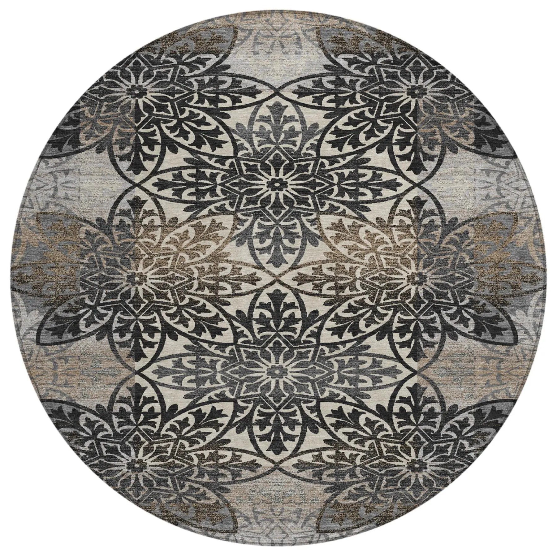 8' Graphite And Gray Round Oriental Washable Indoor Outdoor Area Rug Homeroots Outdoor
