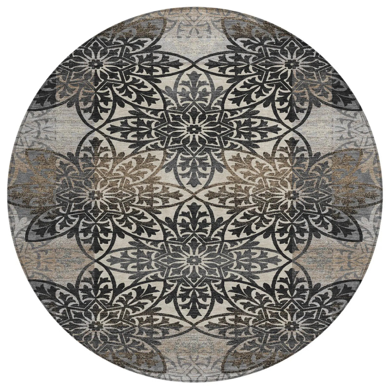 8' Graphite And Gray Round Oriental Washable Indoor Outdoor Area Rug Homeroots Outdoor