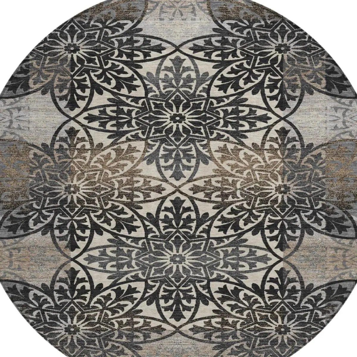 8' Graphite And Gray Round Oriental Washable Indoor Outdoor Area Rug Homeroots Outdoor