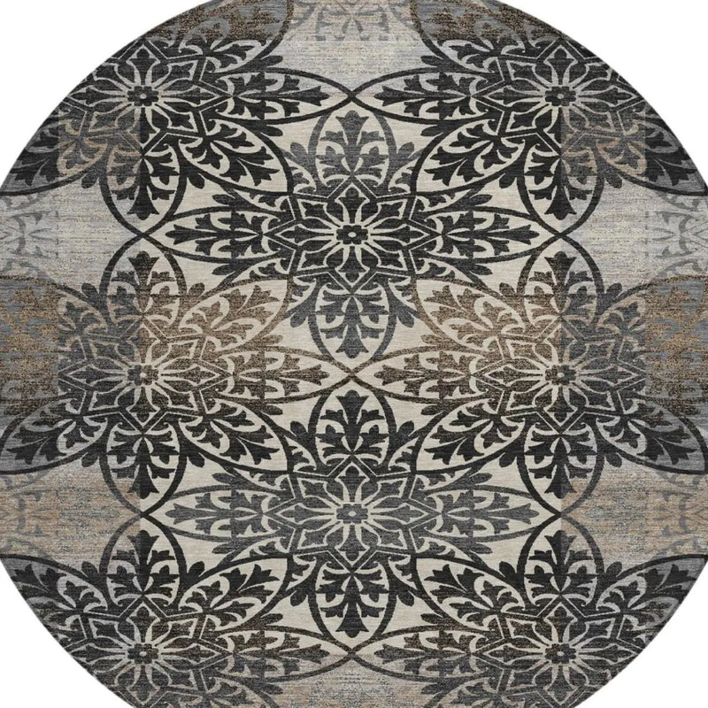 8' Graphite And Gray Round Oriental Washable Indoor Outdoor Area Rug Homeroots Outdoor