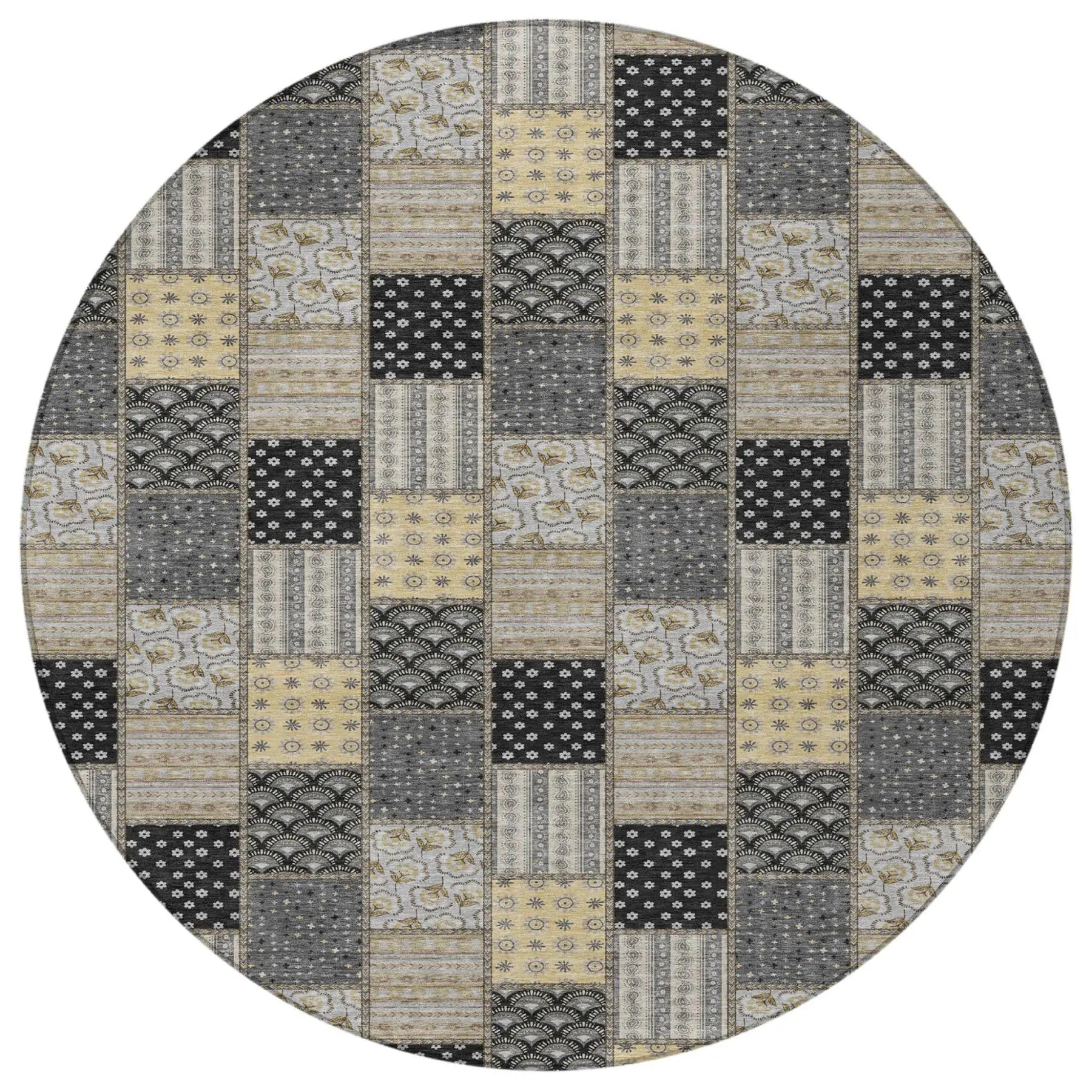8' Graphite And Gray Round Patchwork Washable Indoor Outdoor Area Rug Homeroots Outdoor