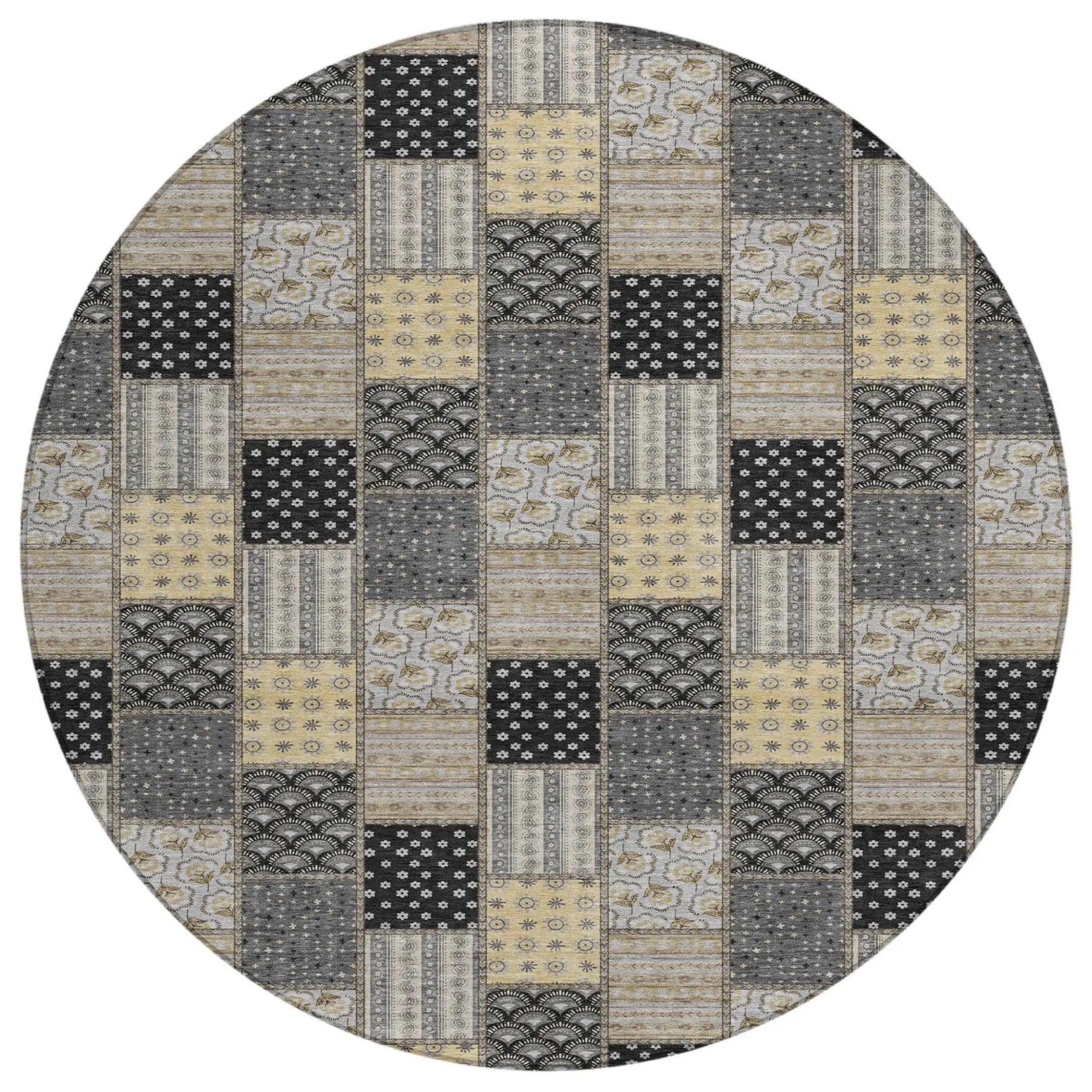 8' Graphite And Gray Round Patchwork Washable Indoor Outdoor Area Rug Homeroots Outdoor