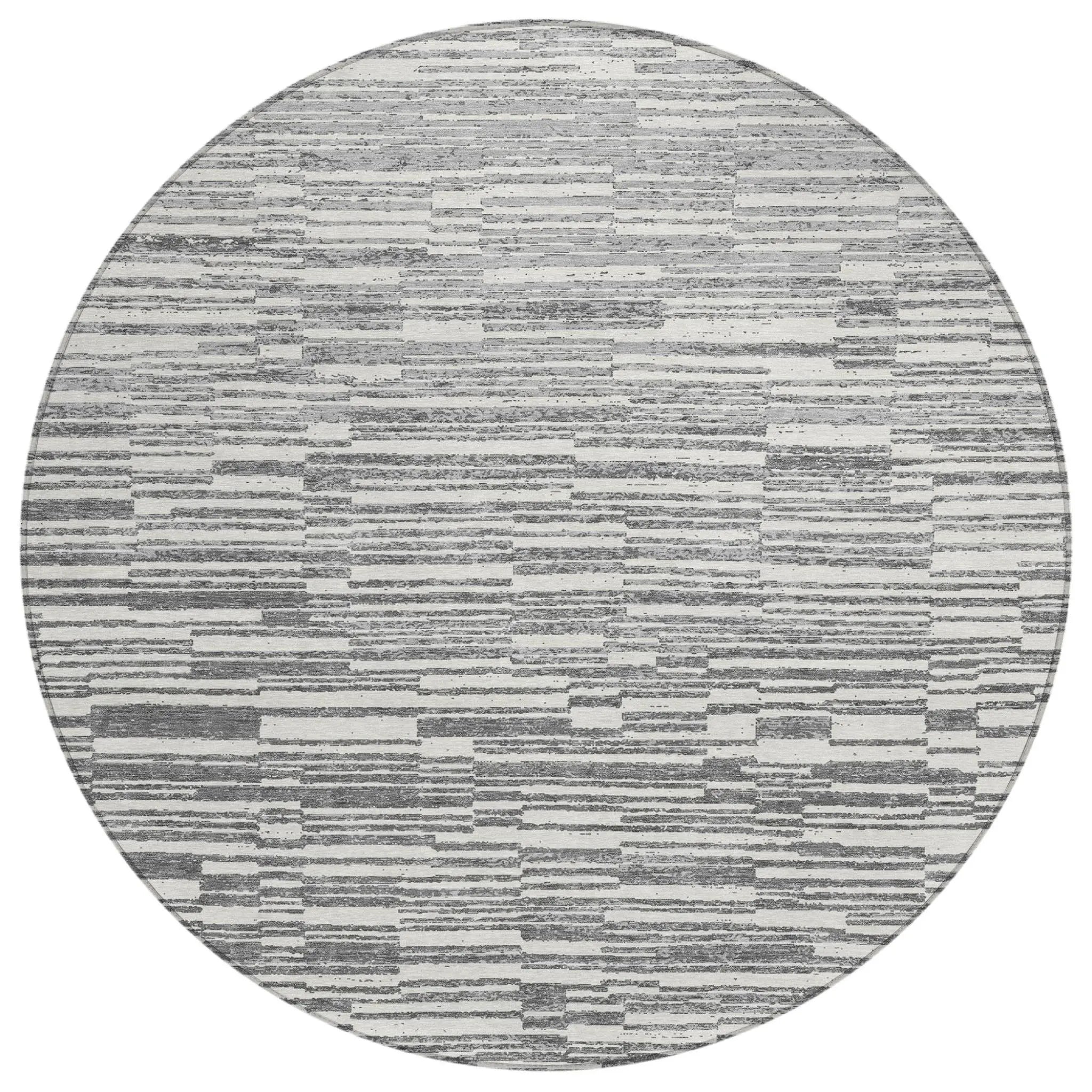 8' Graphite And Gray Round Striped Washable Indoor Outdoor Area Rug Homeroots Outdoor