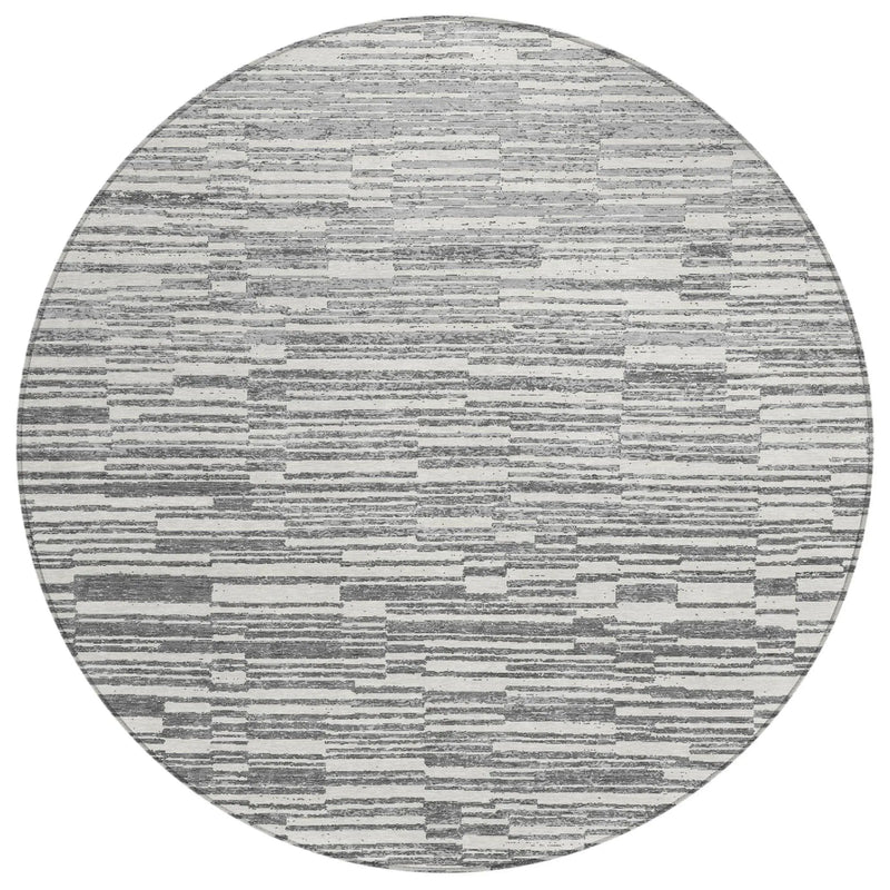 8' Graphite And Gray Round Striped Washable Indoor Outdoor Area Rug Homeroots Outdoor