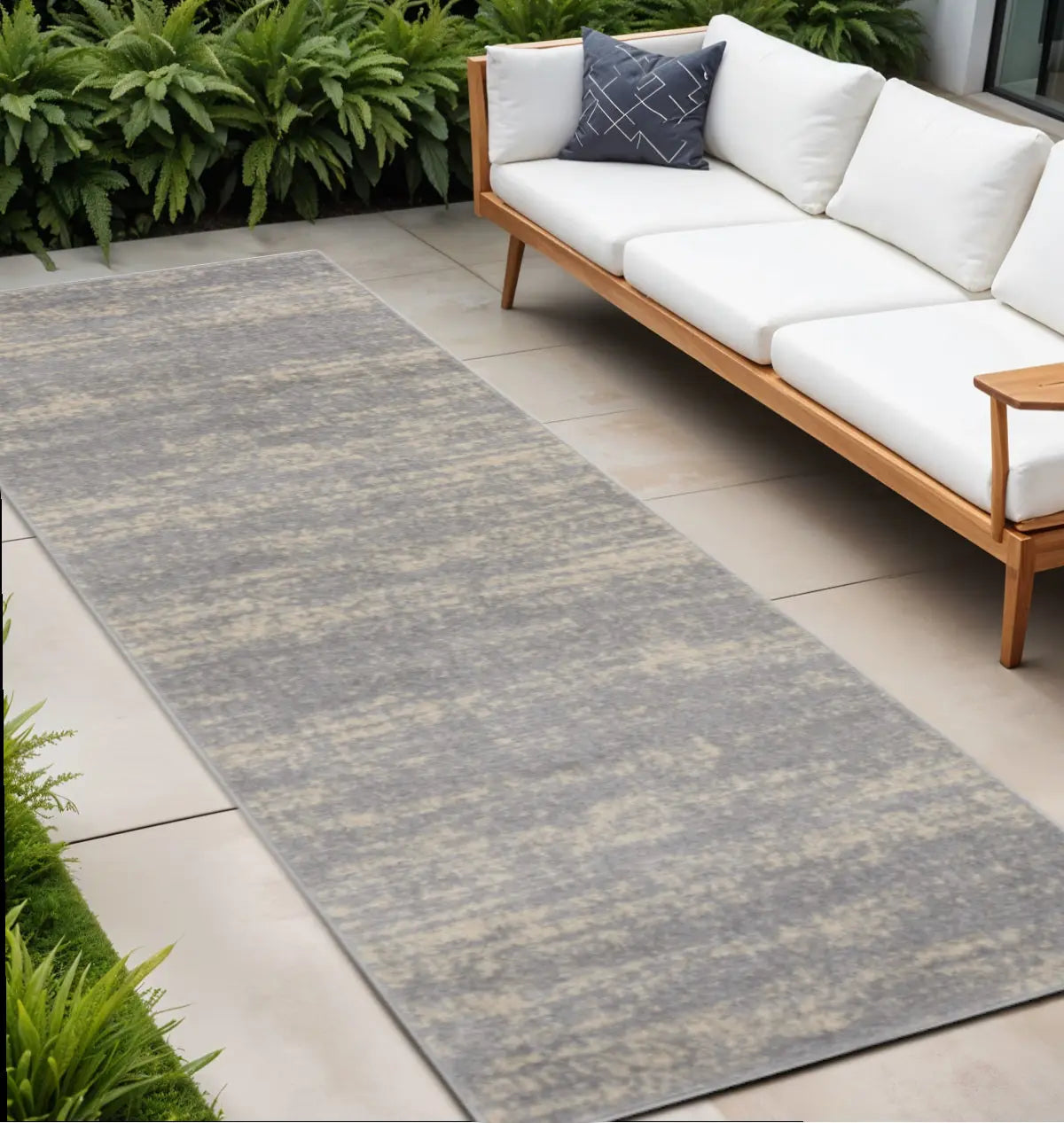 8' Gray And Beige Abstract Indoor Outdoor Runner Rug Homeroots Outdoor