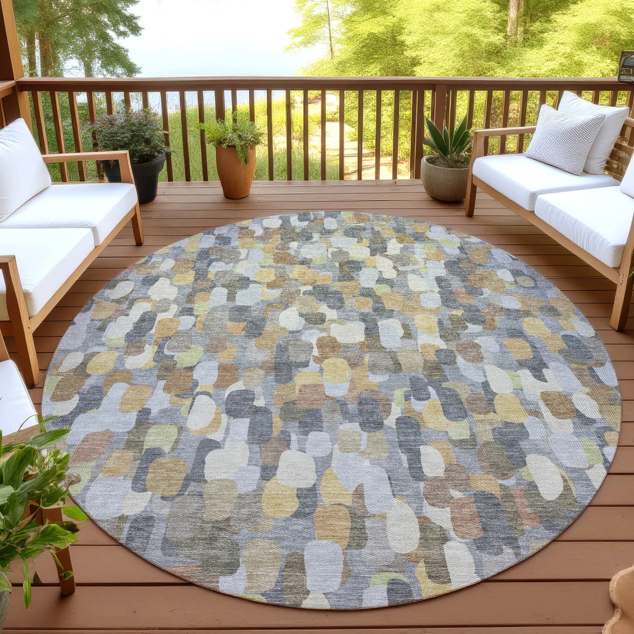 8' Gray And Beige Round Abstract Washable Indoor Outdoor Area Rug Homeroots Outdoor