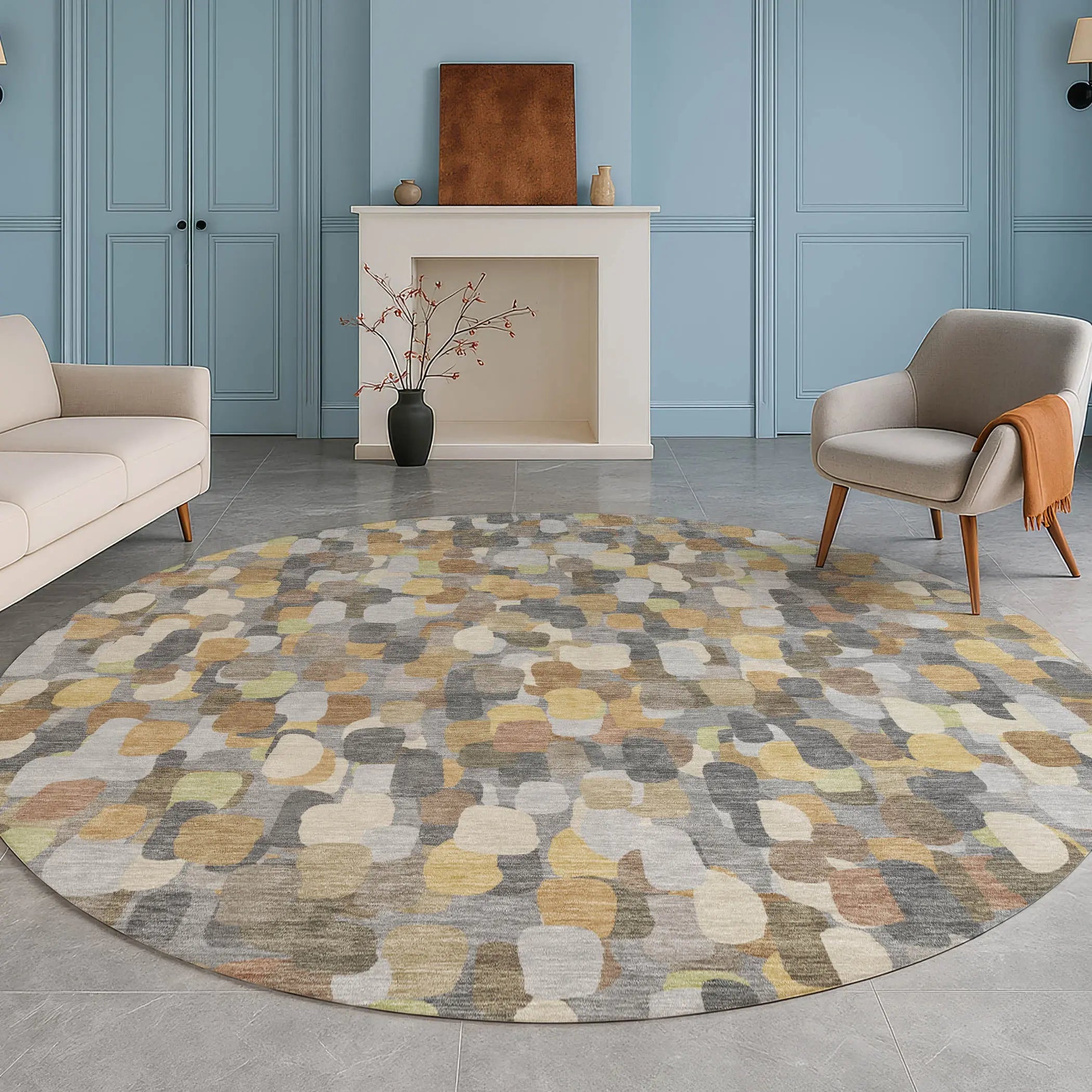 8' Gray And Beige Round Abstract Washable Indoor Outdoor Area Rug Homeroots Outdoor