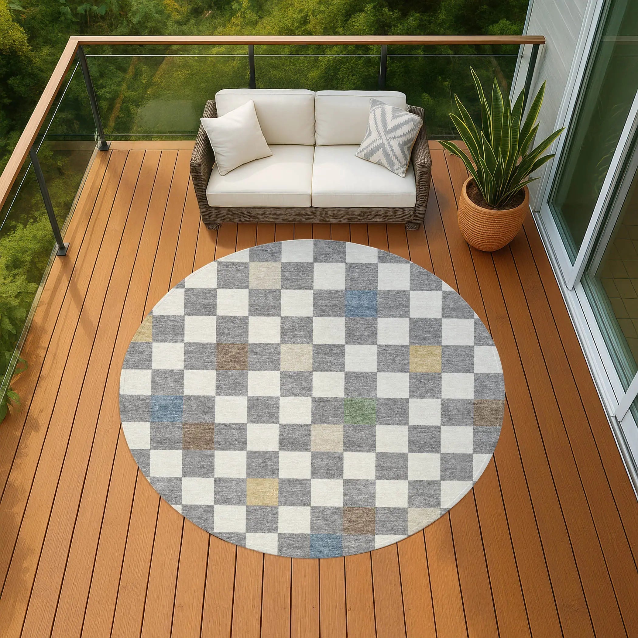 8' Gray And Beige Round Geometric Washable Indoor Outdoor Area Rug Homeroots Outdoor