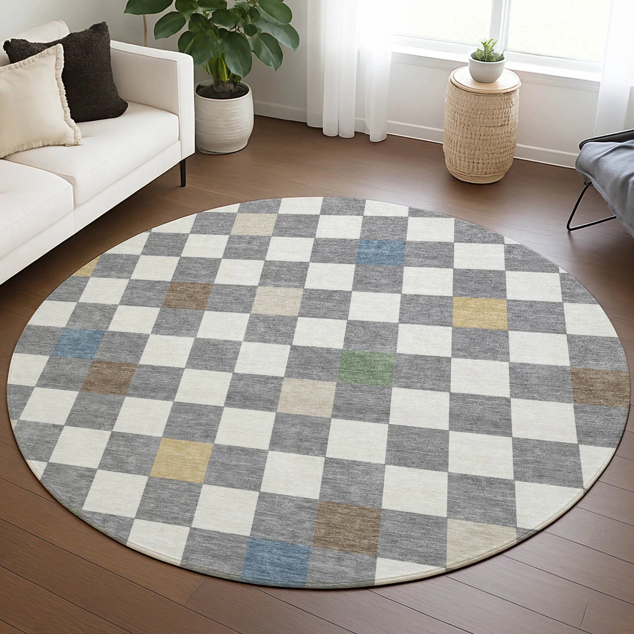8' Gray And Beige Round Geometric Washable Indoor Outdoor Area Rug Homeroots Outdoor