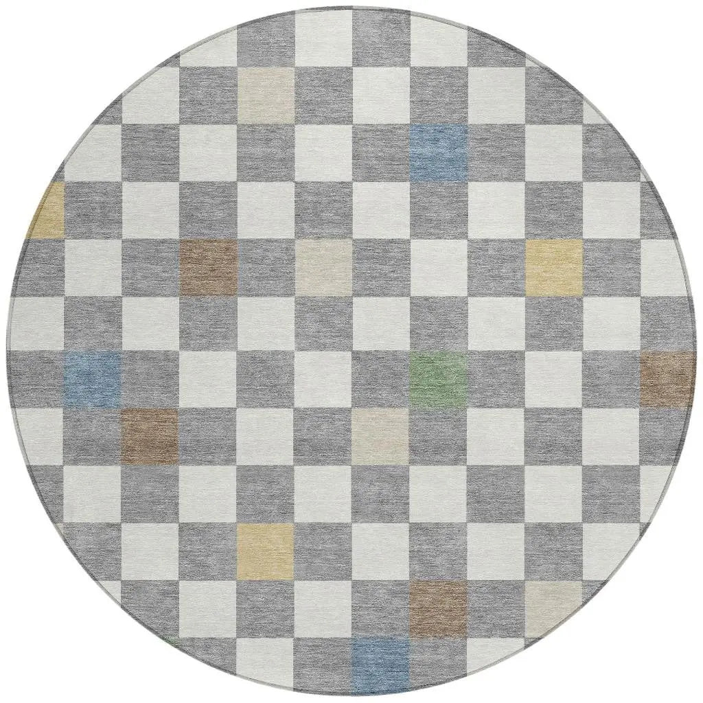 8' Gray And Beige Round Geometric Washable Indoor Outdoor Area Rug Homeroots Outdoor