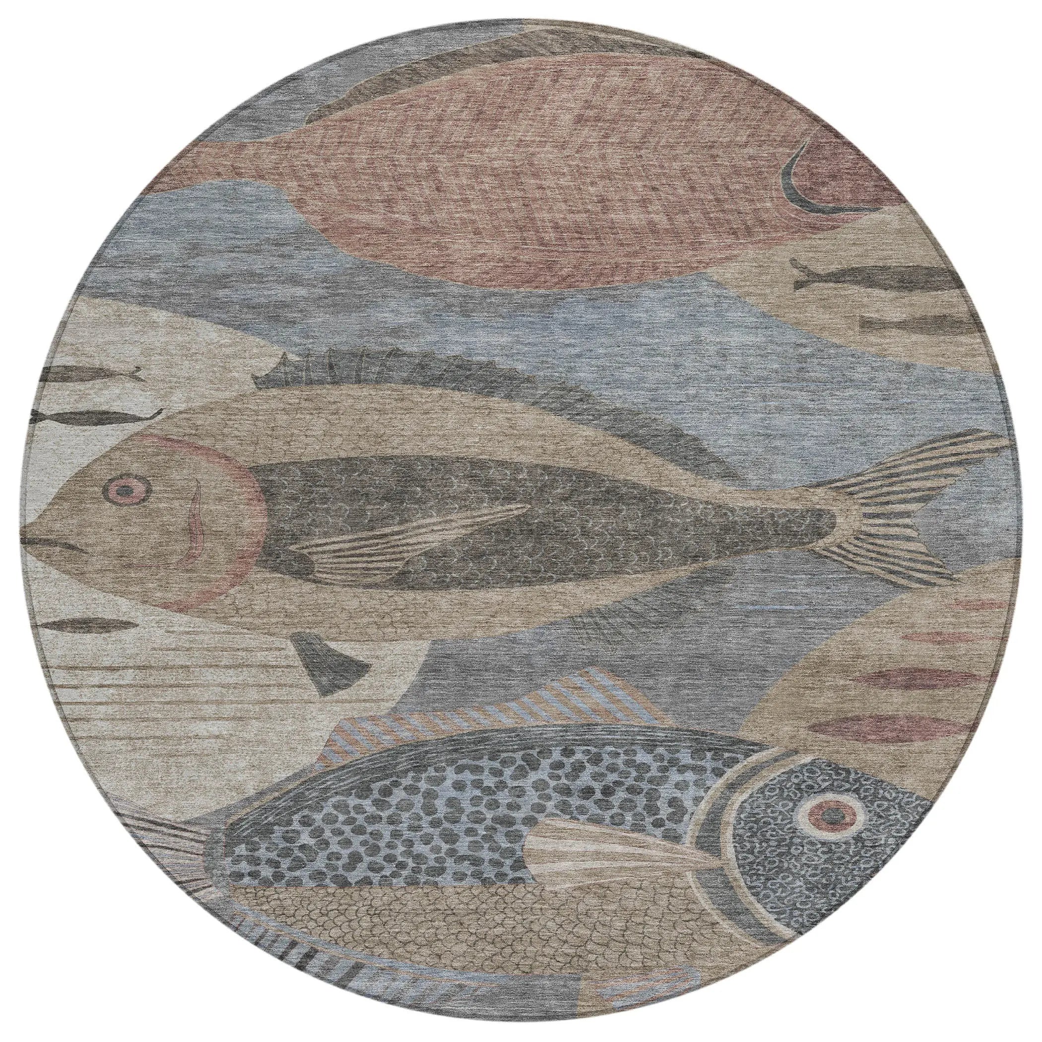 8' Gray And Beige Round Tropical Fish Washable Indoor Outdoor Area Rug Homeroots Outdoor