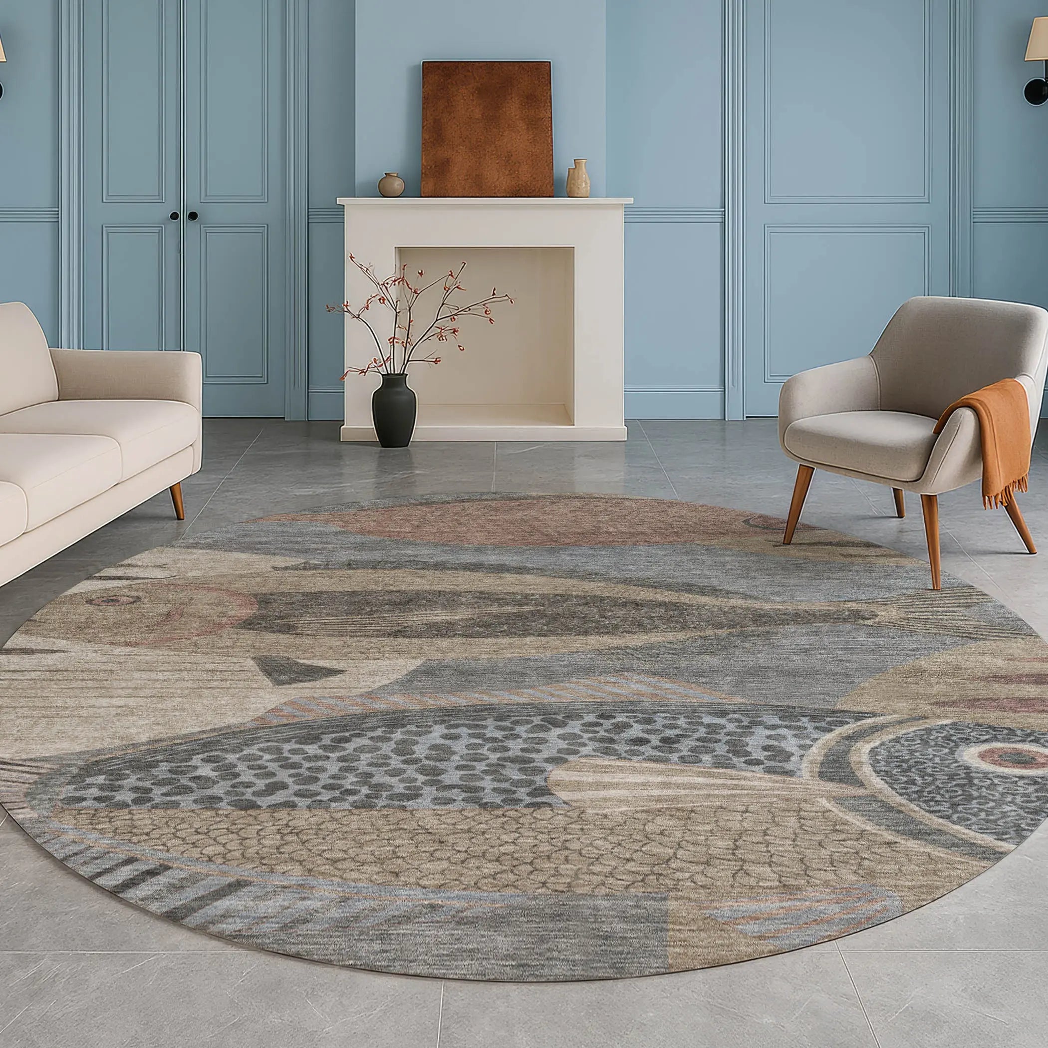 8' Gray And Beige Round Tropical Fish Washable Indoor Outdoor Area Rug Homeroots Outdoor