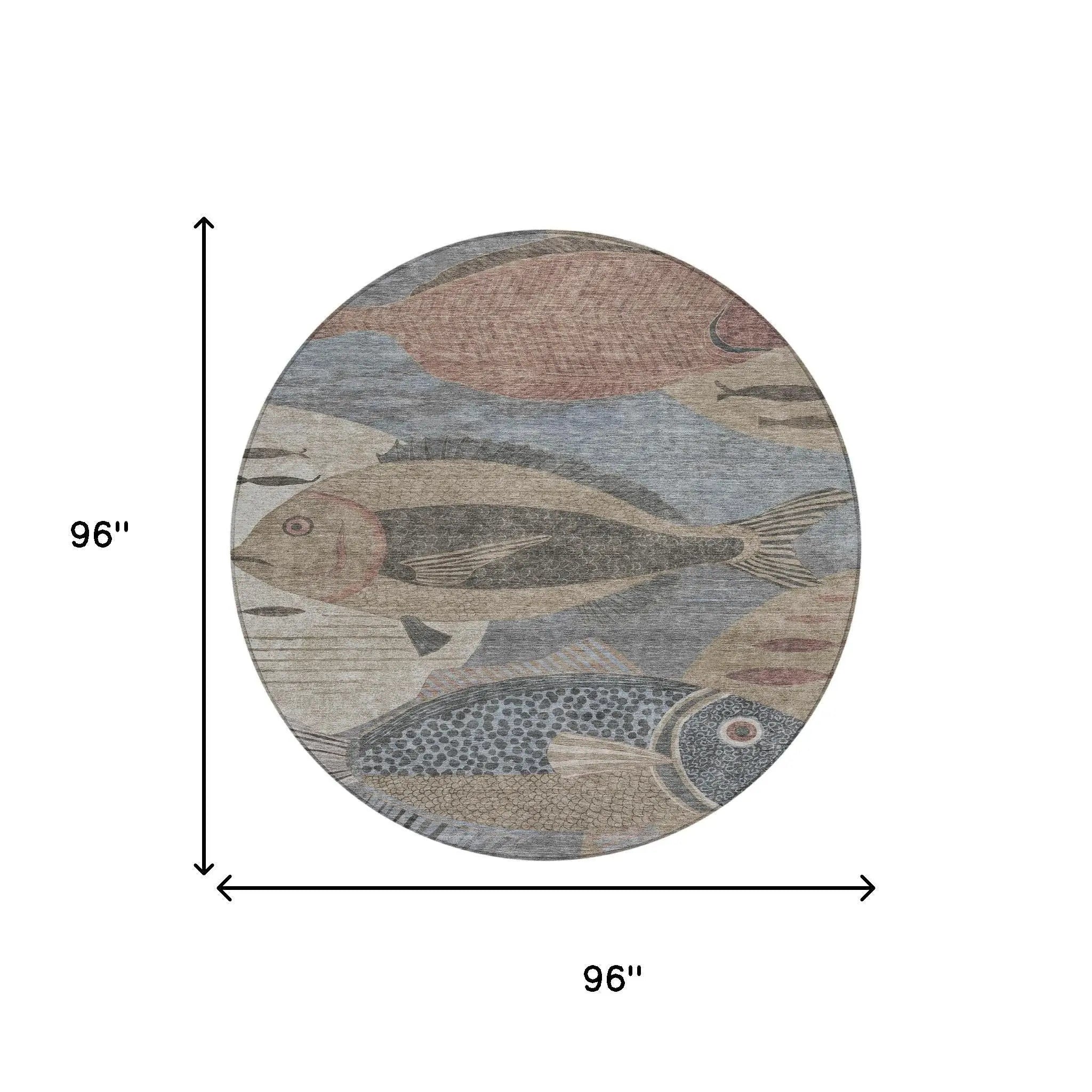 8' Gray And Beige Round Tropical Fish Washable Indoor Outdoor Area Rug Homeroots Outdoor