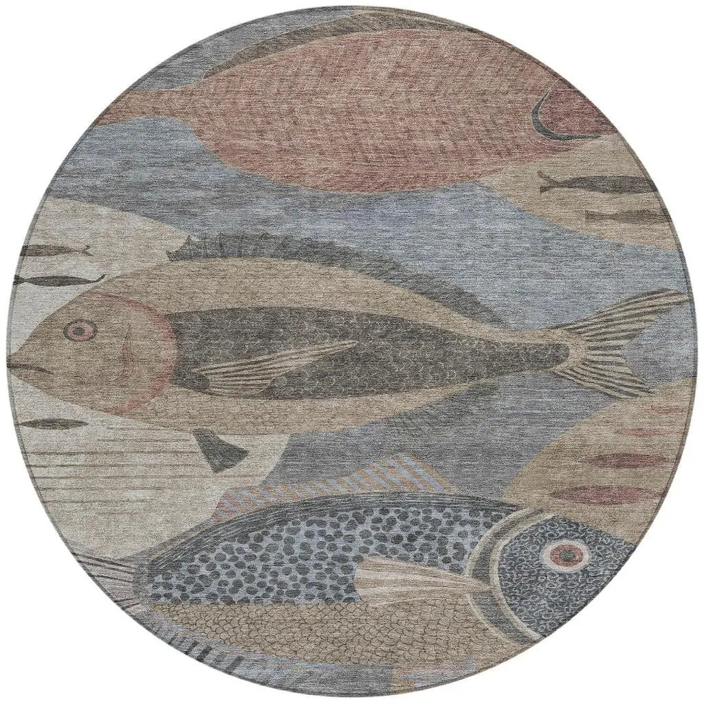 8' Gray And Beige Round Tropical Fish Washable Indoor Outdoor Area Rug Homeroots Outdoor