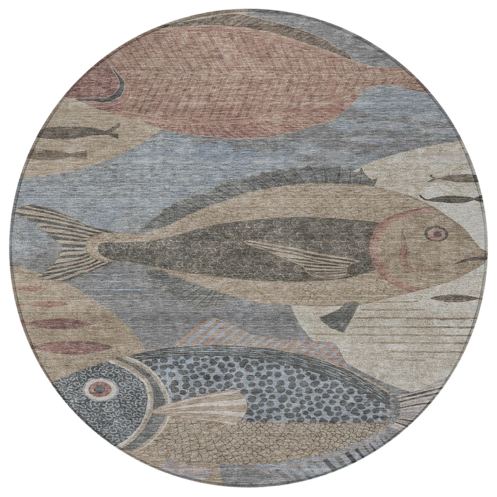 8' Gray And Beige Round Tropical Fish Washable Indoor Outdoor Area Rug Homeroots Outdoor