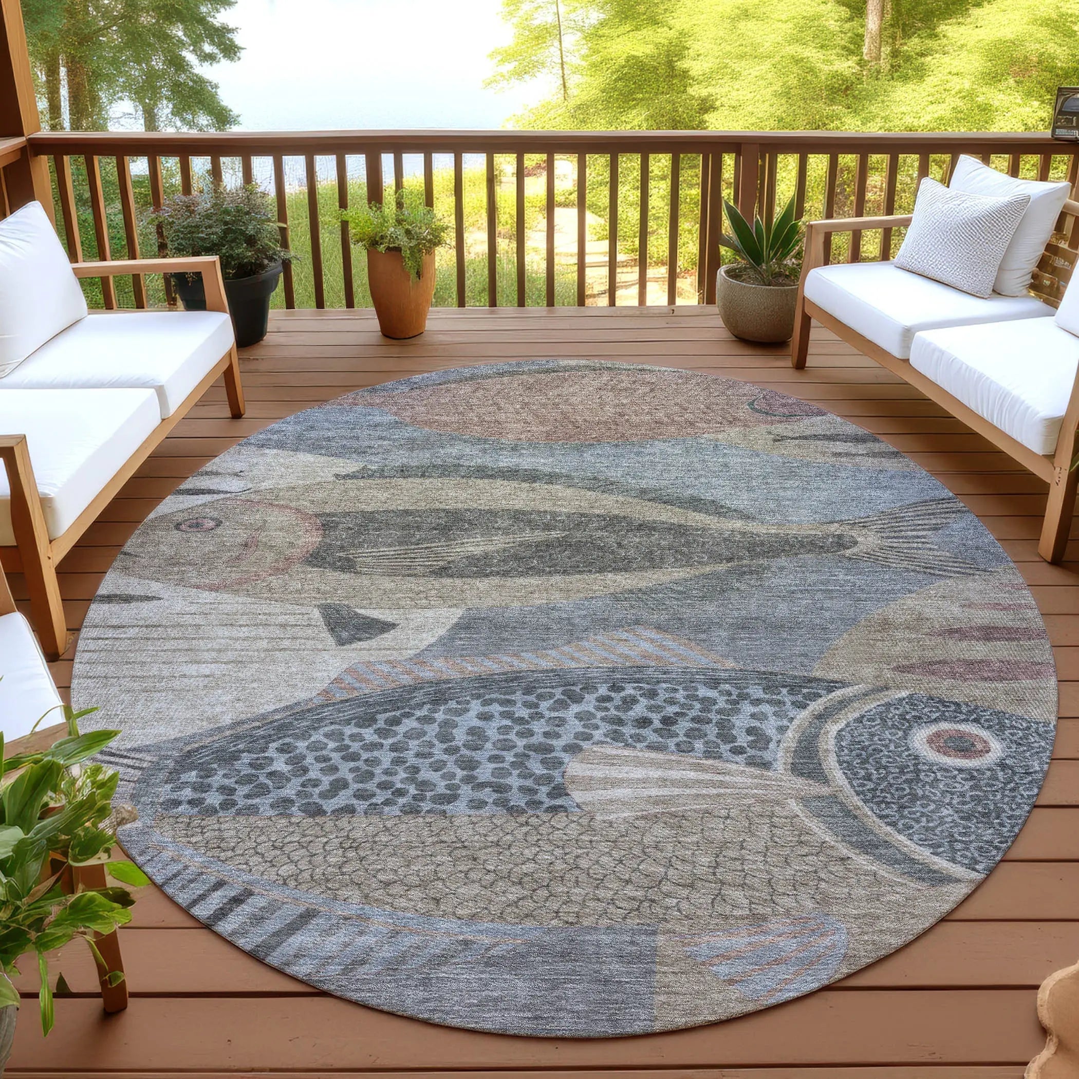 8' Gray And Beige Round Tropical Fish Washable Indoor Outdoor Area Rug Homeroots Outdoor