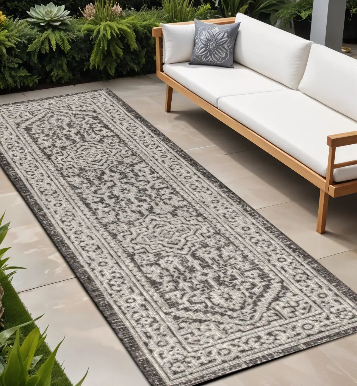 8' Gray And Black Medallion Indoor Outdoor Runner Rug Homeroots Outdoor