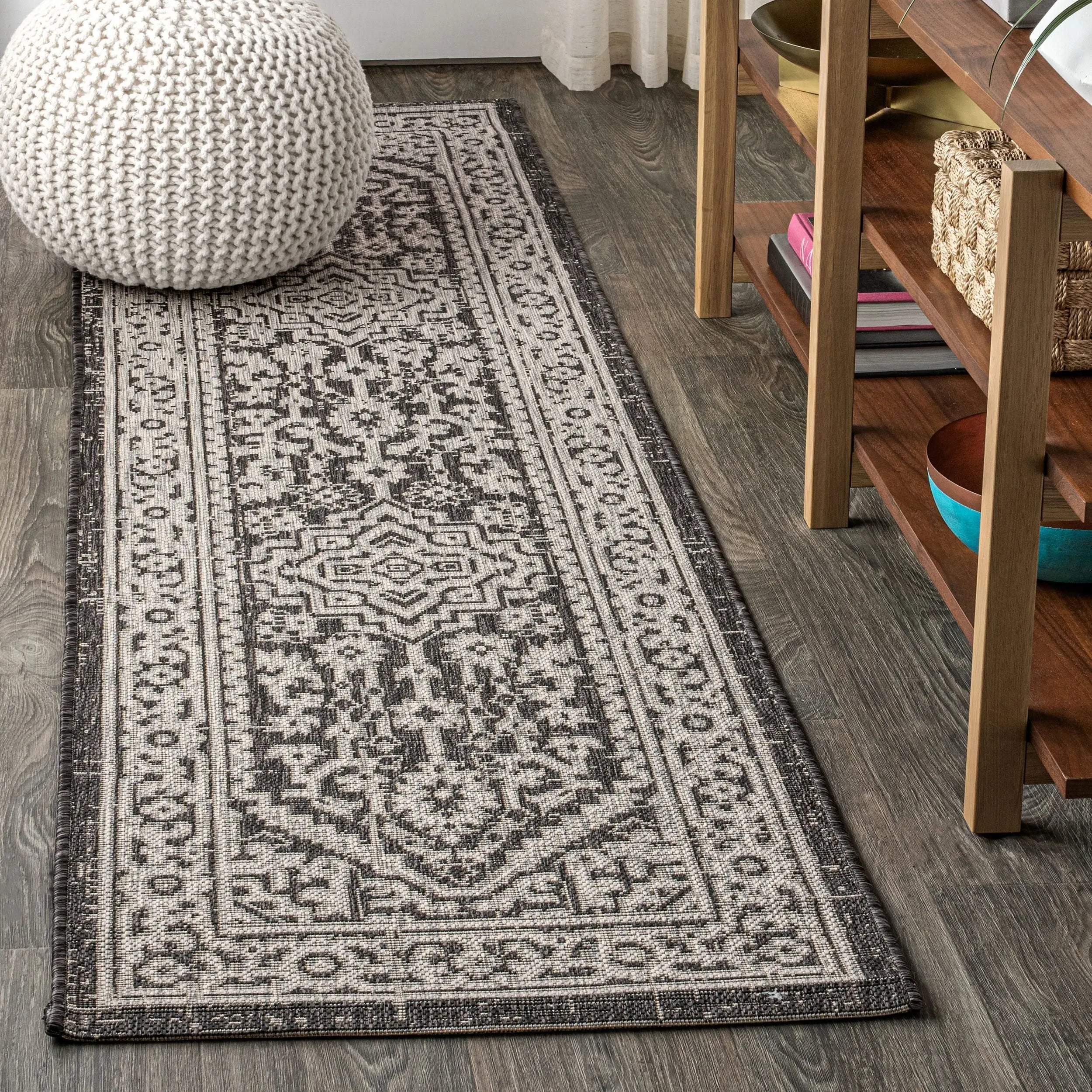 8' Gray And Black Medallion Indoor Outdoor Runner Rug Homeroots Outdoor