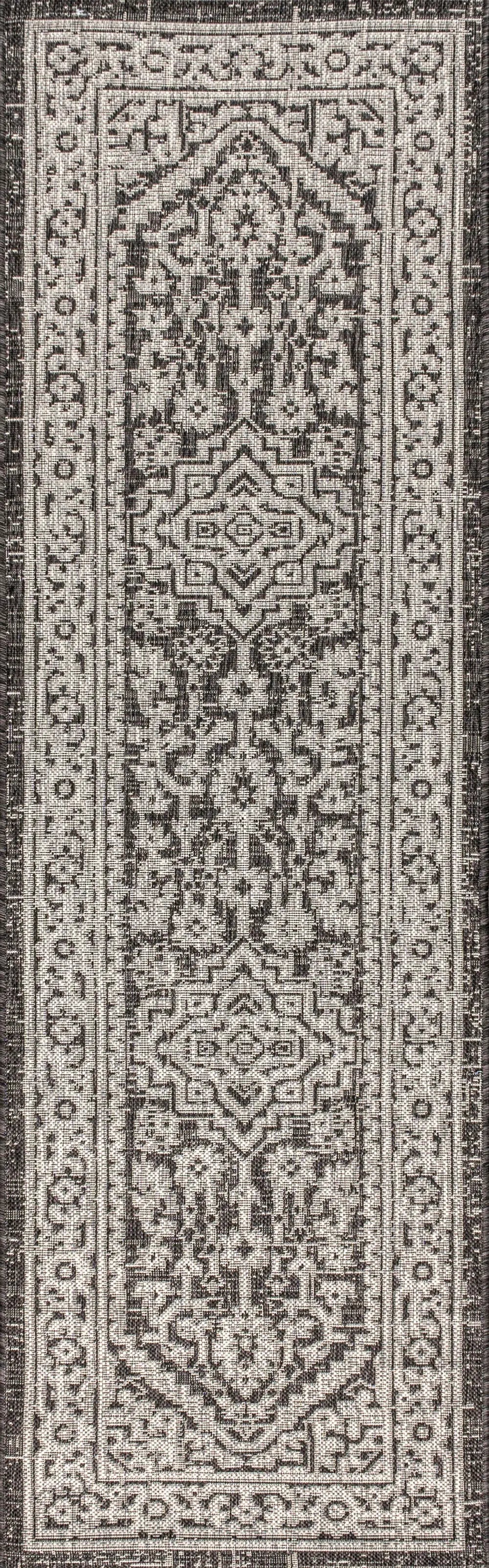 8' Gray And Black Medallion Indoor Outdoor Runner Rug Homeroots Outdoor