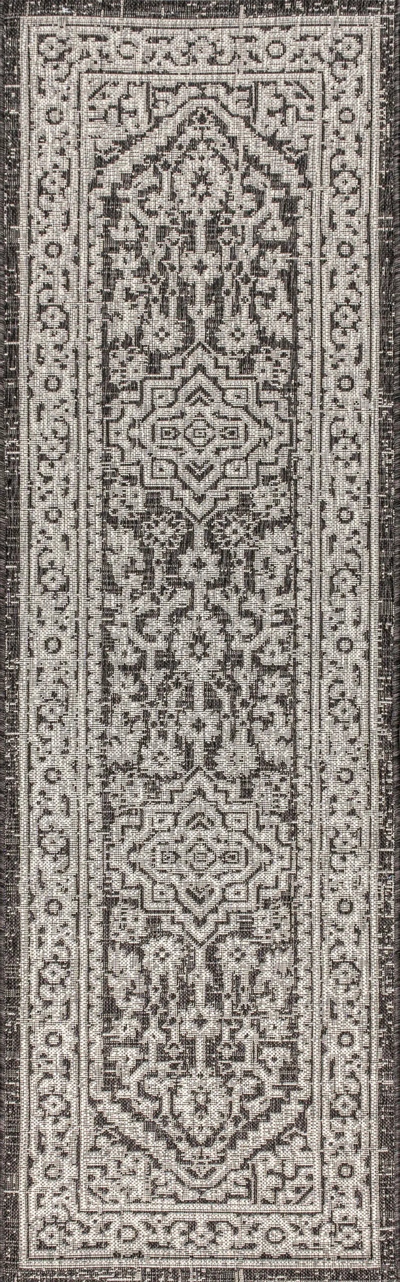 8' Gray And Black Medallion Indoor Outdoor Runner Rug Homeroots Outdoor