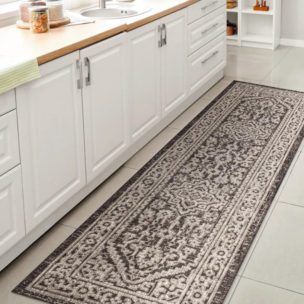 8' Gray And Black Medallion Indoor Outdoor Runner Rug Homeroots Outdoor