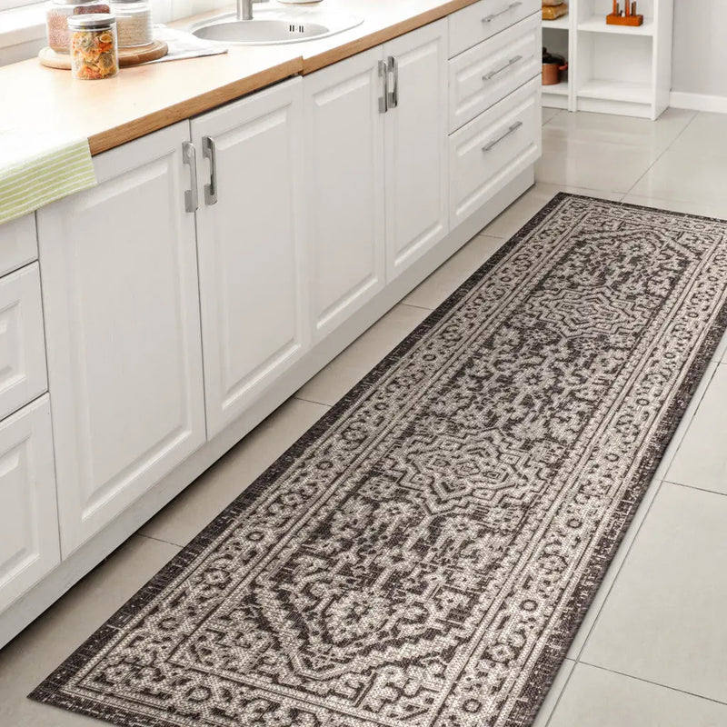 8' Gray And Black Medallion Indoor Outdoor Runner Rug Homeroots Outdoor
