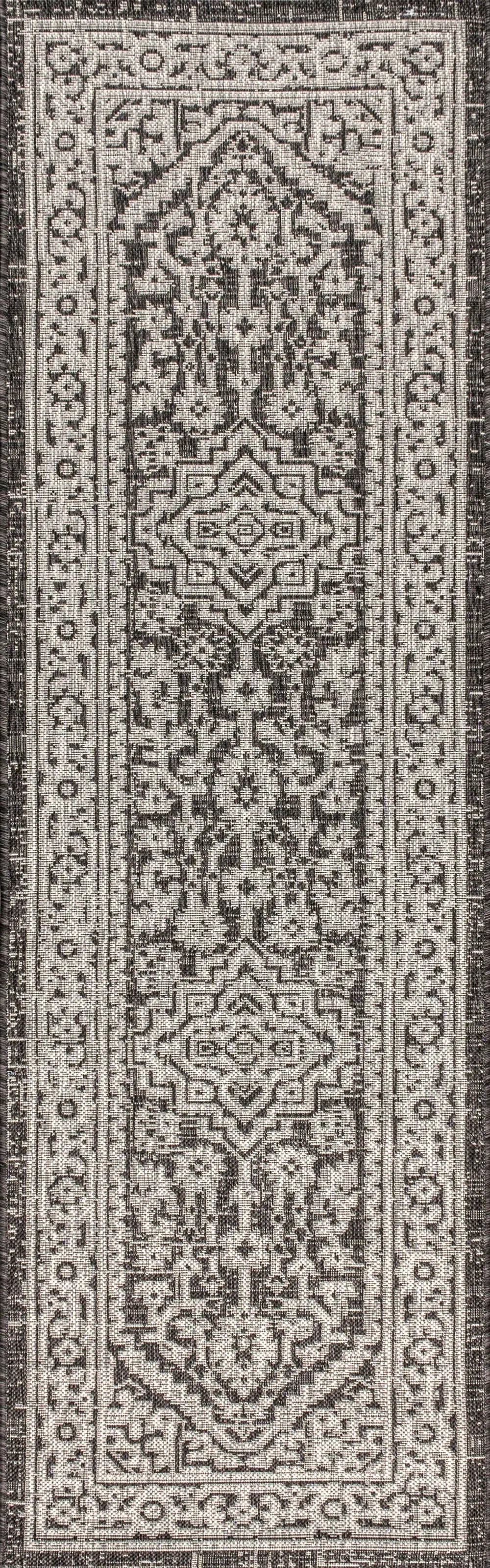 8' Gray And Black Medallion Indoor Outdoor Runner Rug Homeroots Outdoor