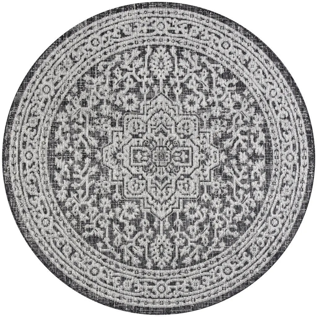 8' Gray And Black Round Medallion Indoor Outdoor Area Rug Homeroots Outdoor