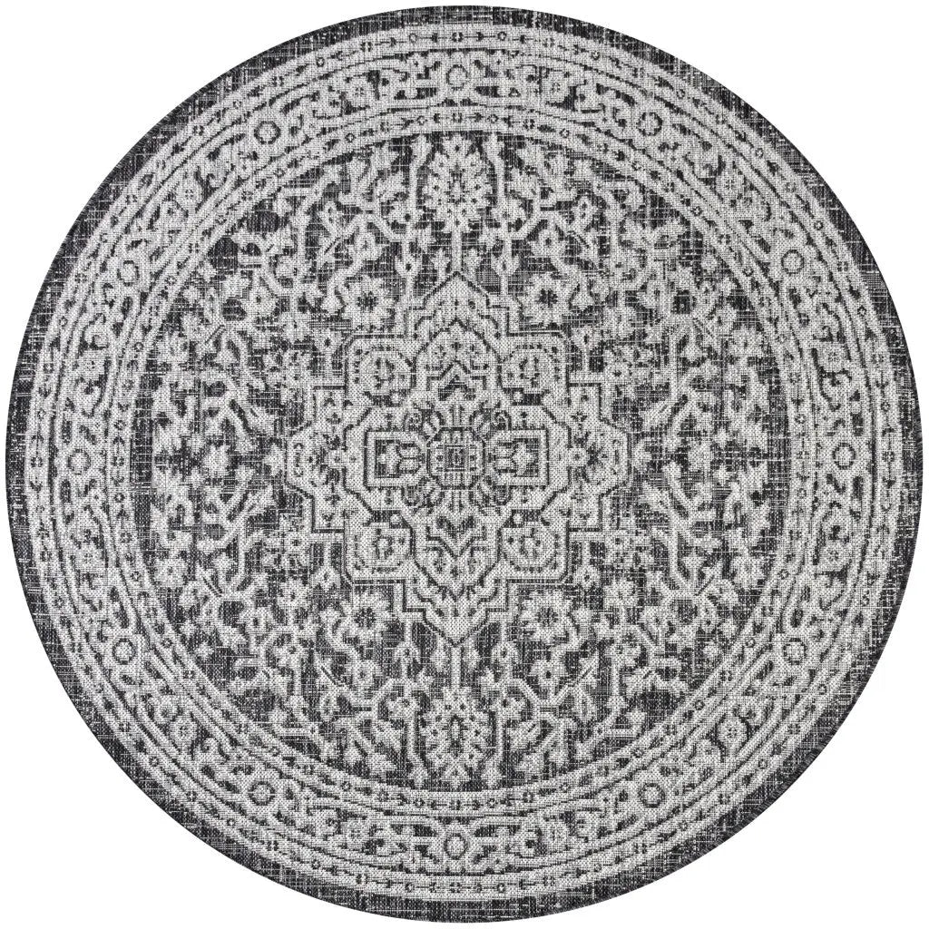 8' Gray And Black Round Medallion Indoor Outdoor Area Rug Homeroots Outdoor