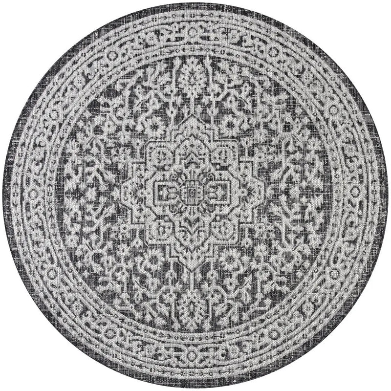 8' Gray And Black Round Medallion Indoor Outdoor Area Rug Homeroots Outdoor