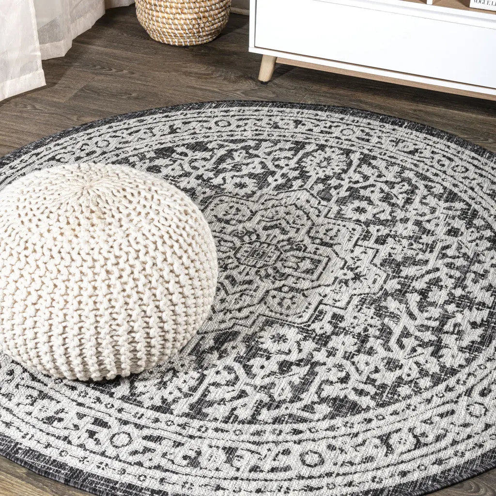 8' Gray And Black Round Medallion Indoor Outdoor Area Rug Homeroots Outdoor
