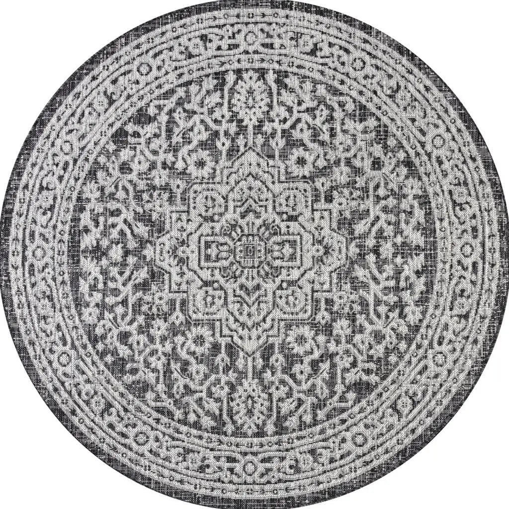 8' Gray And Black Round Medallion Indoor Outdoor Area Rug Homeroots Outdoor