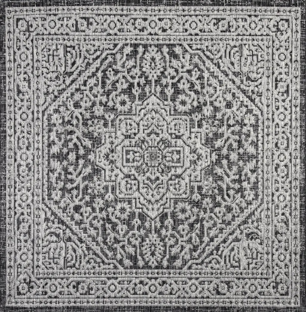 8' Gray And Black Square Medallion Indoor Outdoor Area Rug Homeroots Outdoor