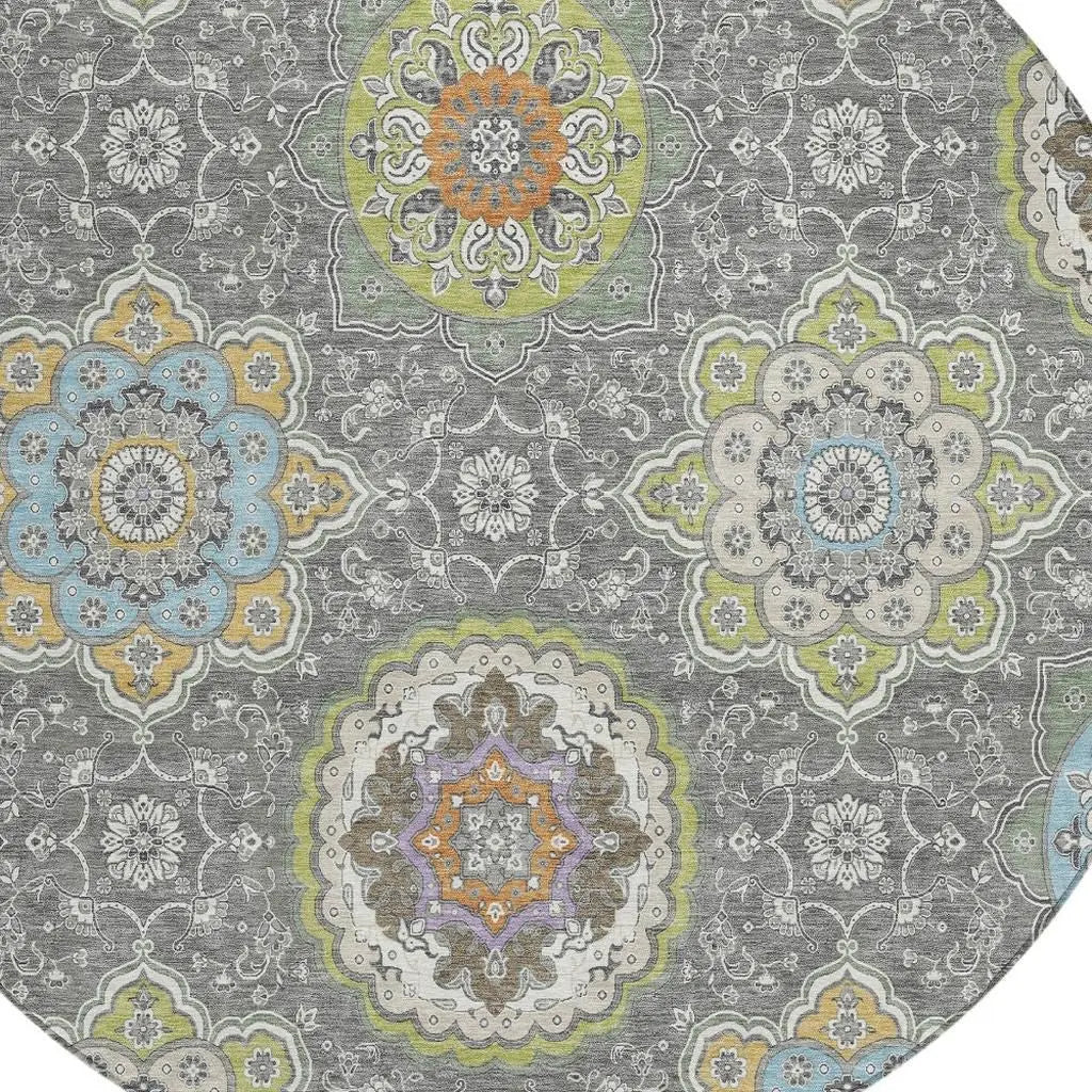 8' Gray And Brown Round Floral Medallion Washable Indoor Outdoor Area Rug Homeroots Outdoor