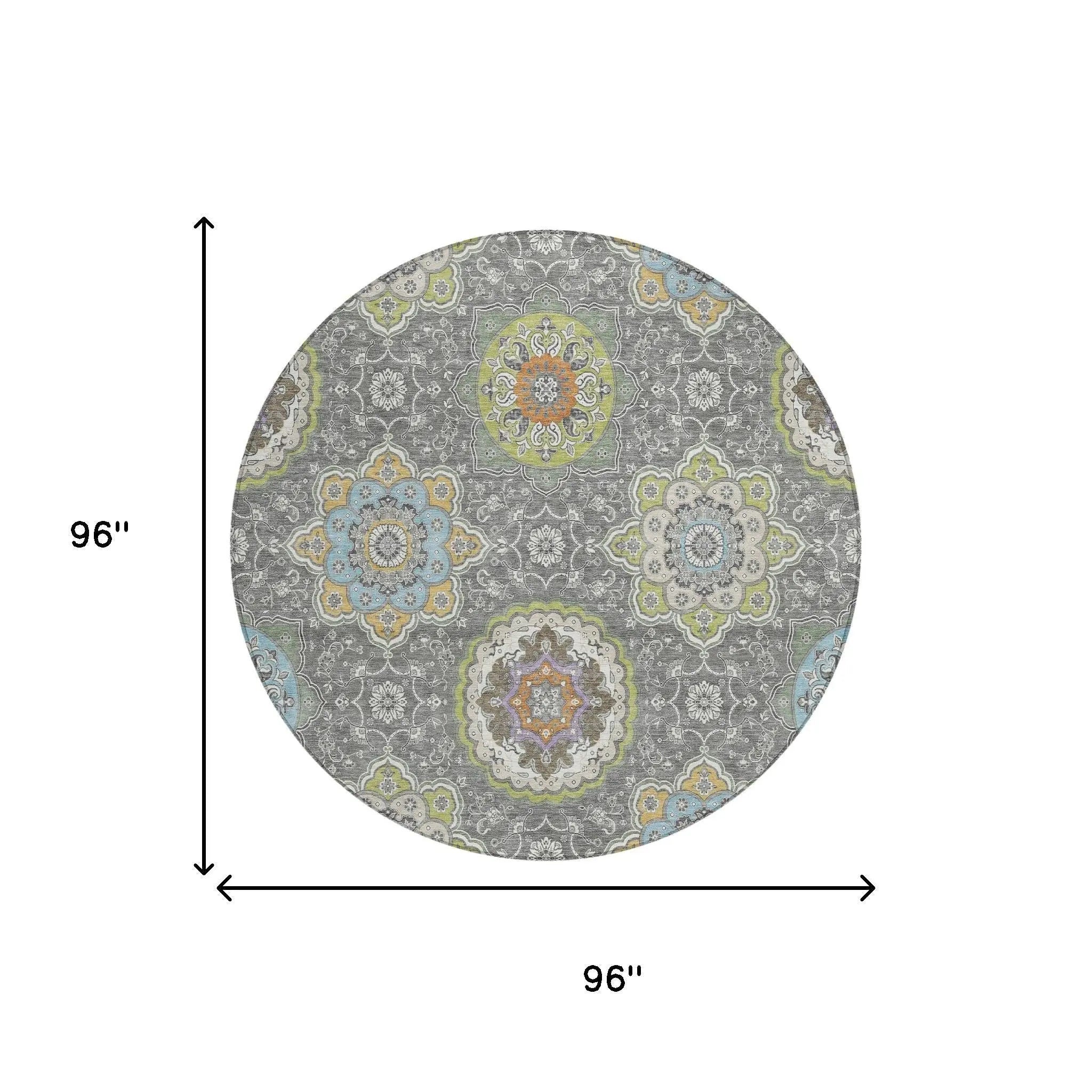 8' Gray And Brown Round Floral Medallion Washable Indoor Outdoor Area Rug Homeroots Outdoor