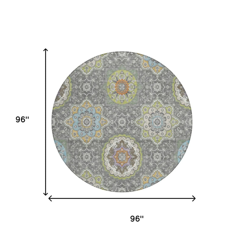 8' Gray And Brown Round Floral Medallion Washable Indoor Outdoor Area Rug Homeroots Outdoor