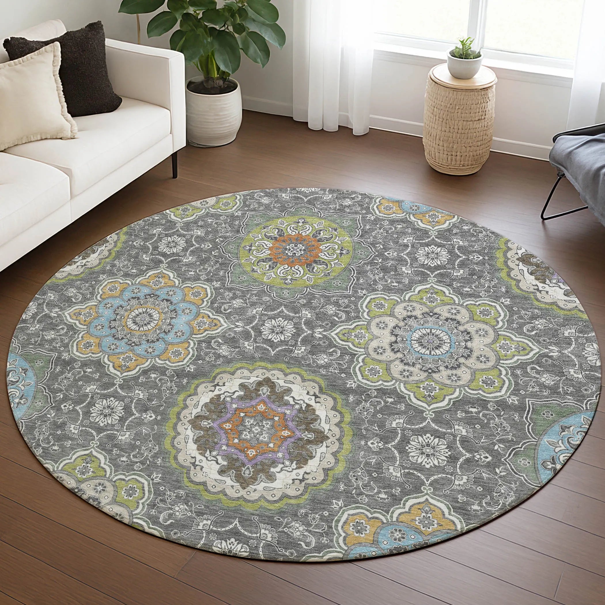 8' Gray And Brown Round Floral Medallion Washable Indoor Outdoor Area Rug Homeroots Outdoor