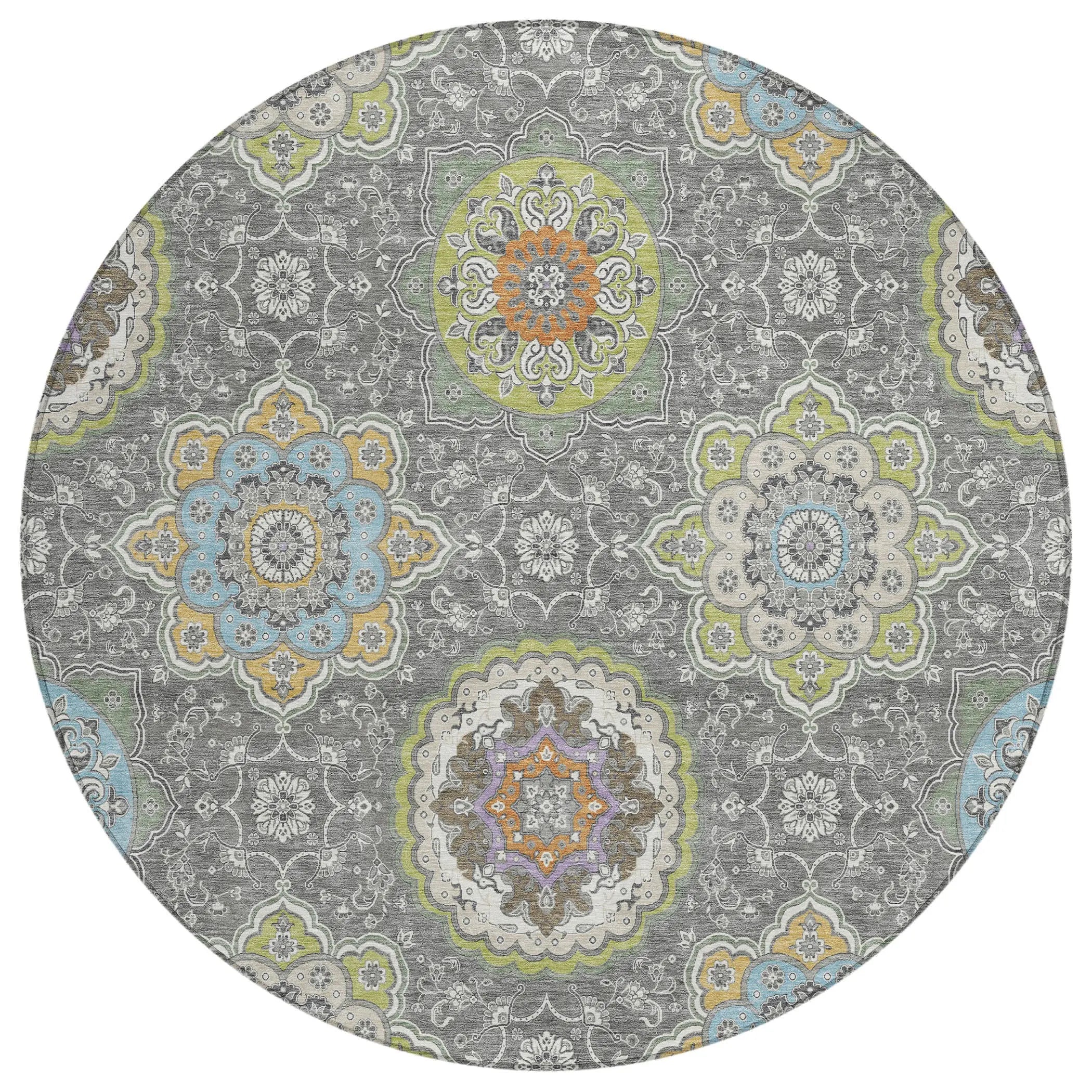 8' Gray And Brown Round Floral Medallion Washable Indoor Outdoor Area Rug Homeroots Outdoor