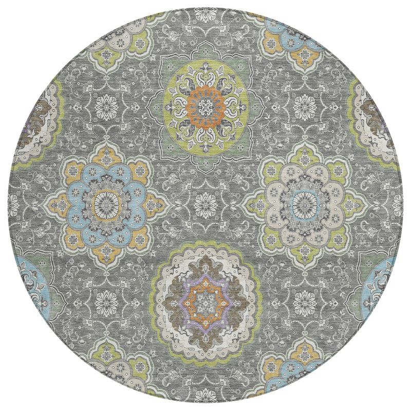 8' Gray And Brown Round Floral Medallion Washable Indoor Outdoor Area Rug Homeroots Outdoor