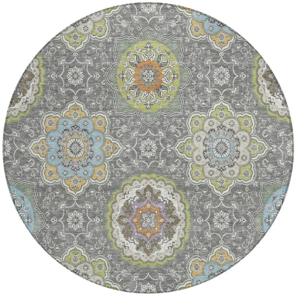 8' Gray And Brown Round Floral Medallion Washable Indoor Outdoor Area Rug Homeroots Outdoor