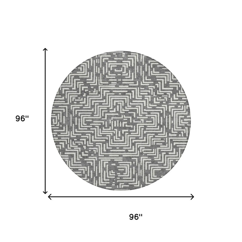 8' Gray And Brown Round Geometric Washable Indoor Outdoor Area Rug Homeroots Outdoor