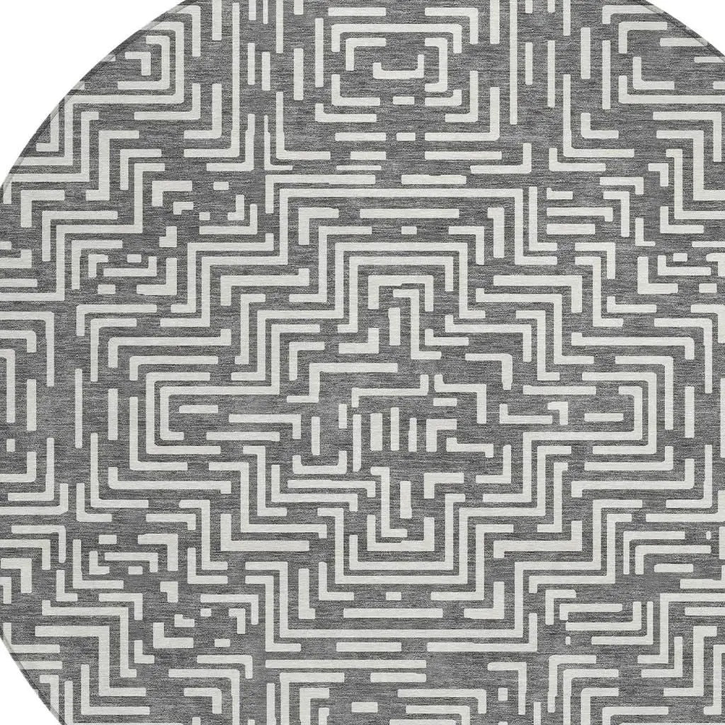 8' Gray And Brown Round Geometric Washable Indoor Outdoor Area Rug Homeroots Outdoor