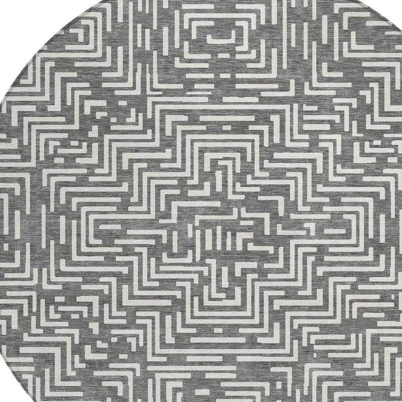 8' Gray And Brown Round Geometric Washable Indoor Outdoor Area Rug Homeroots Outdoor