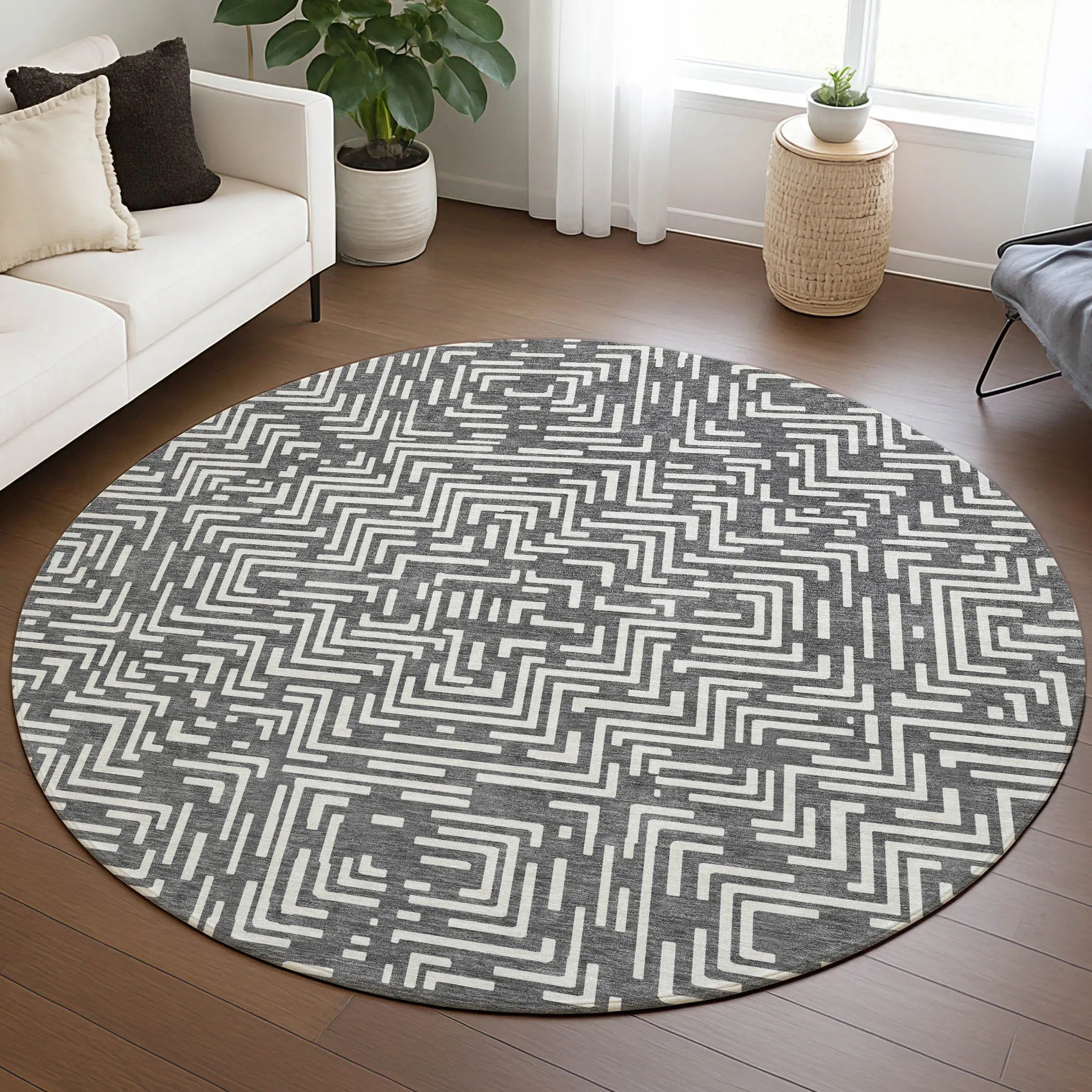 8' Gray And Brown Round Geometric Washable Indoor Outdoor Area Rug Homeroots Outdoor