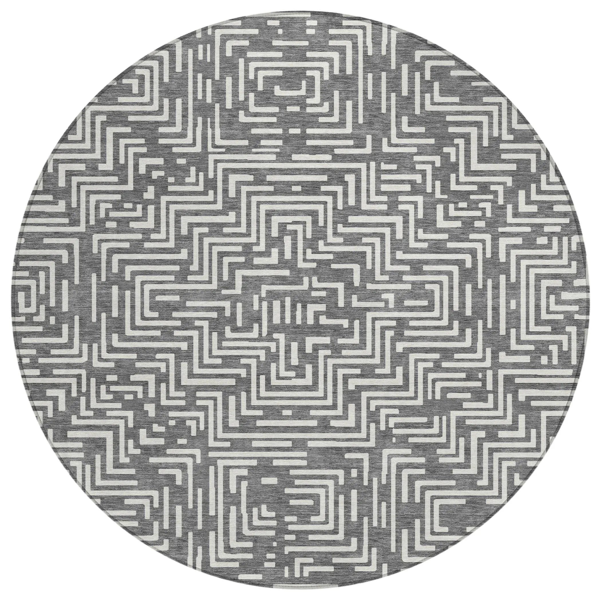 8' Gray And Brown Round Geometric Washable Indoor Outdoor Area Rug Homeroots Outdoor