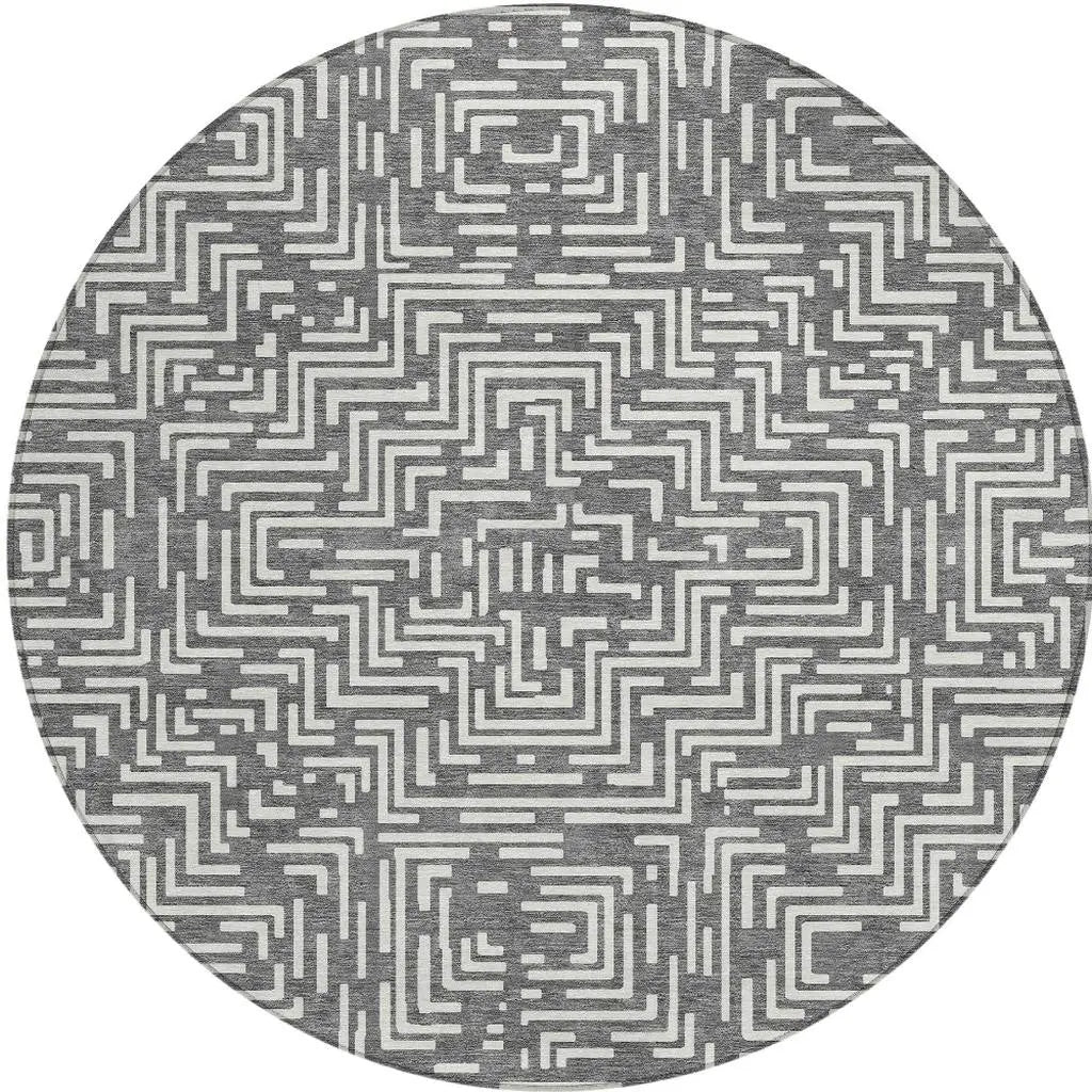 8' Gray And Brown Round Geometric Washable Indoor Outdoor Area Rug Homeroots Outdoor
