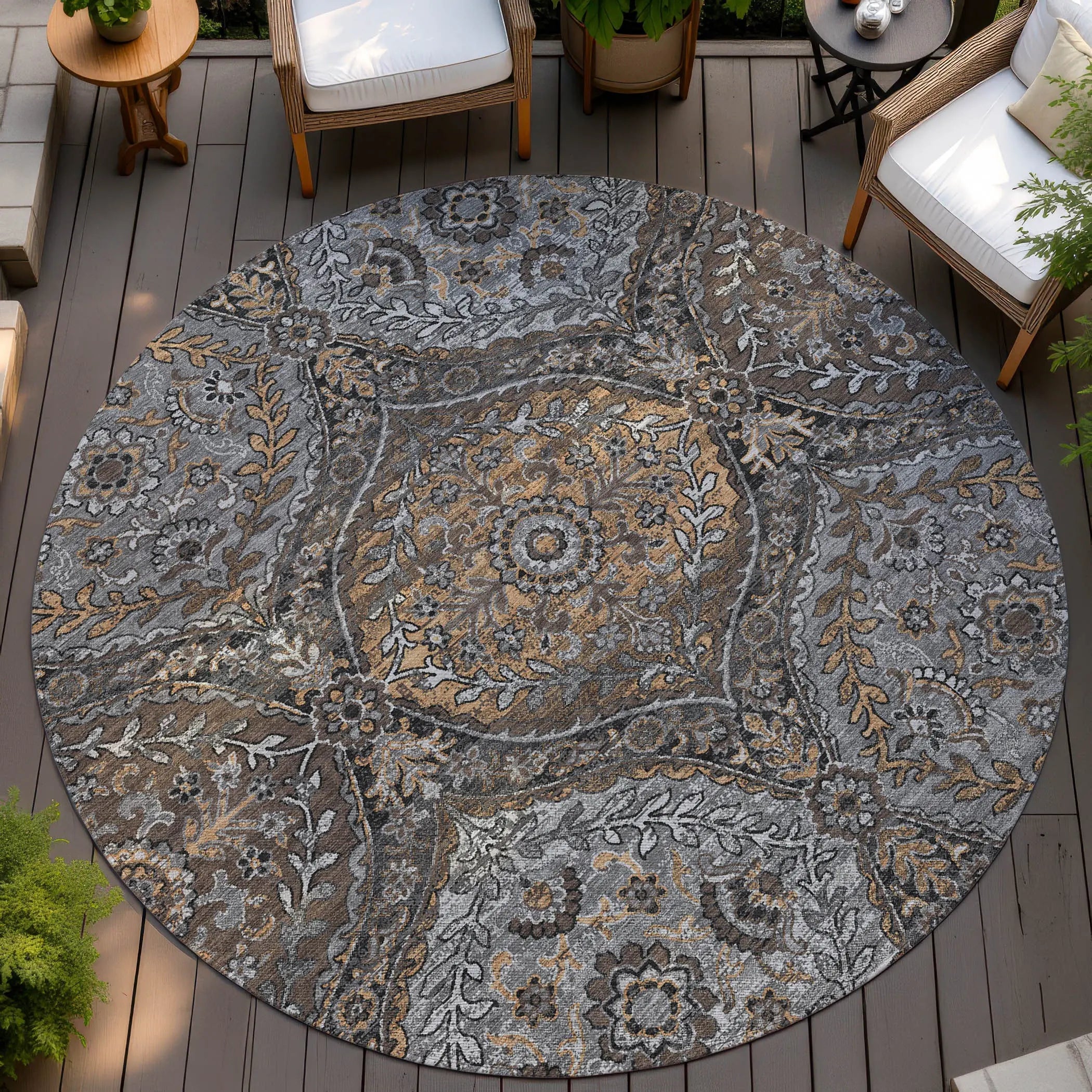 8' Gray And Brown Round Ogee Washable Indoor Outdoor Area Rug Homeroots Outdoor