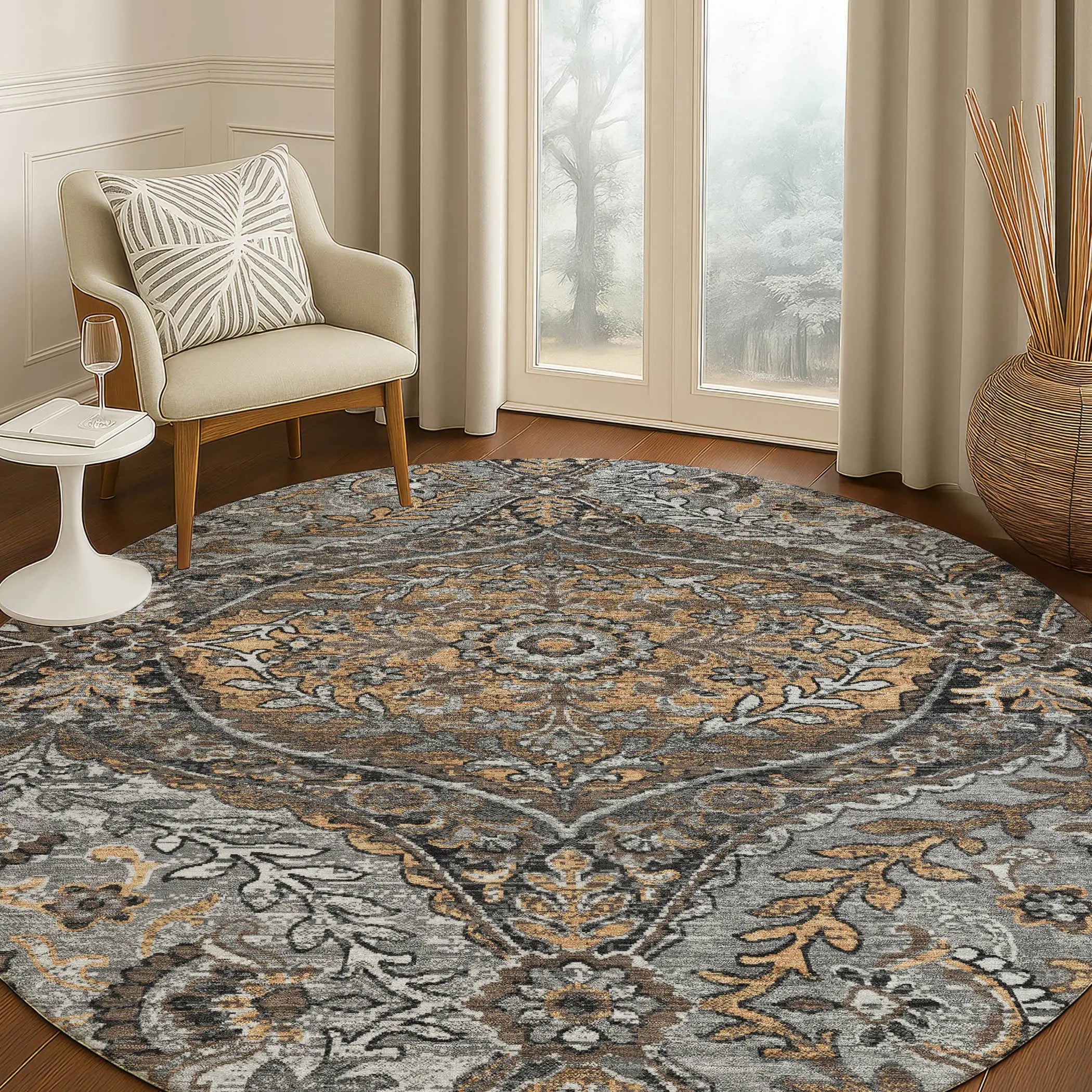 8' Gray And Brown Round Ogee Washable Indoor Outdoor Area Rug Homeroots Outdoor