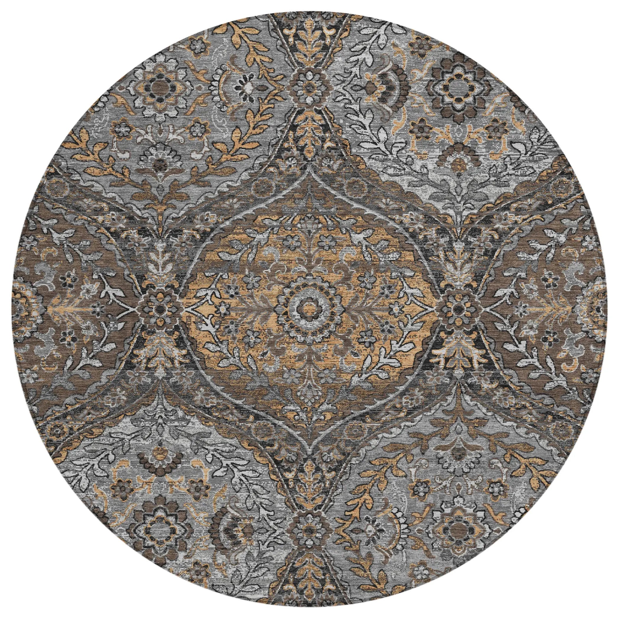 8' Gray And Brown Round Ogee Washable Indoor Outdoor Area Rug Homeroots Outdoor